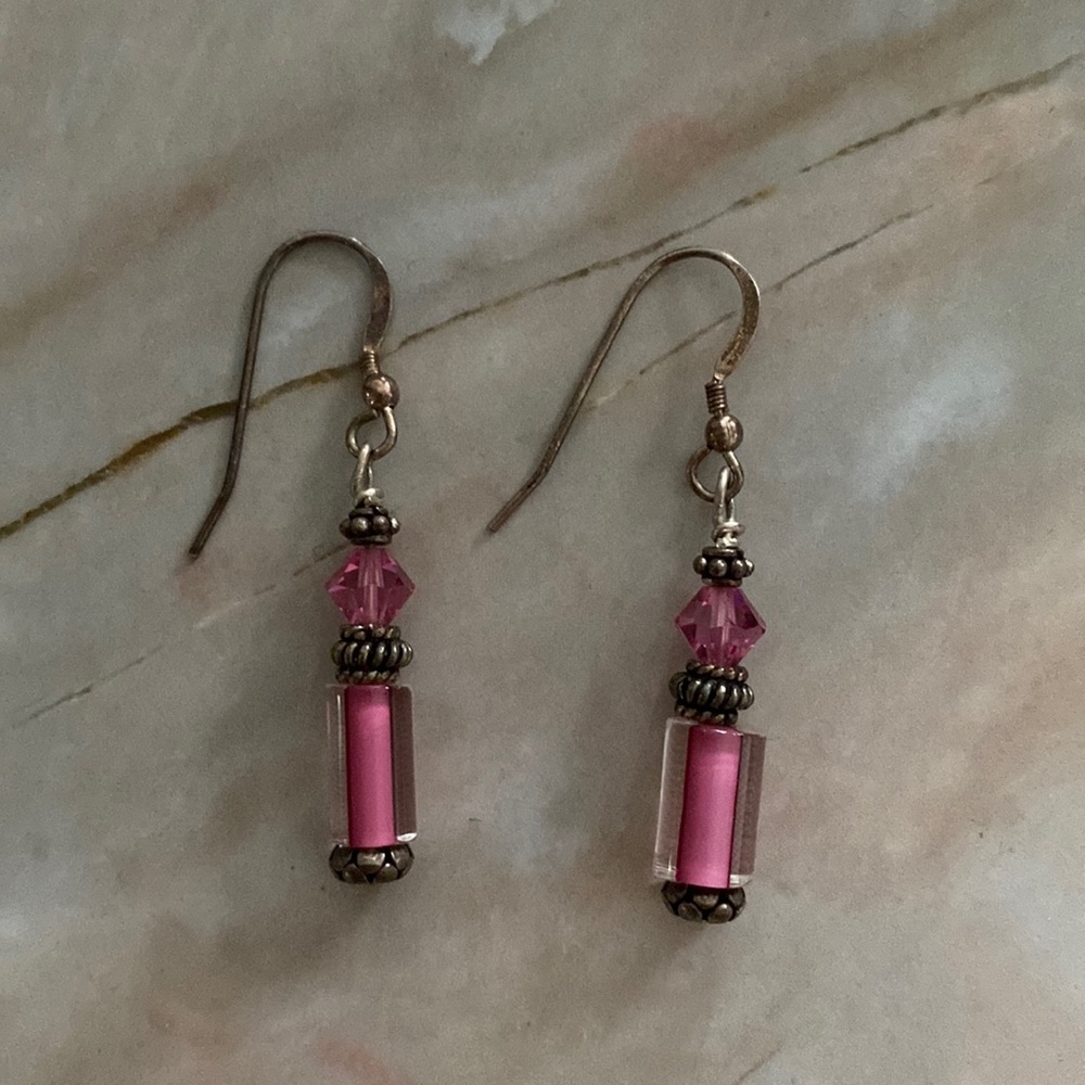 Vintage Pink Cylinder Drop Earrings, 1.85” long